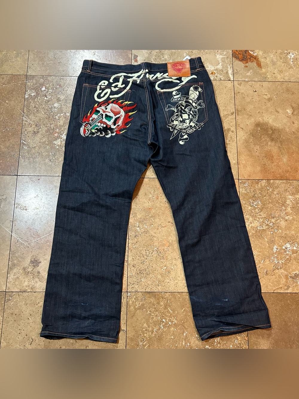 Vintage Y2K Ed Hardy Men’s Baggy Flame Skull Embroidered Jeans 2007 Size 42X34